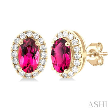 5x3 MM Oval Shape Pink Tourmaline and 1/8 Ctw Single Cut Diamond Halo Semi-Precious Stud Earrings in 10K Yellow Gold